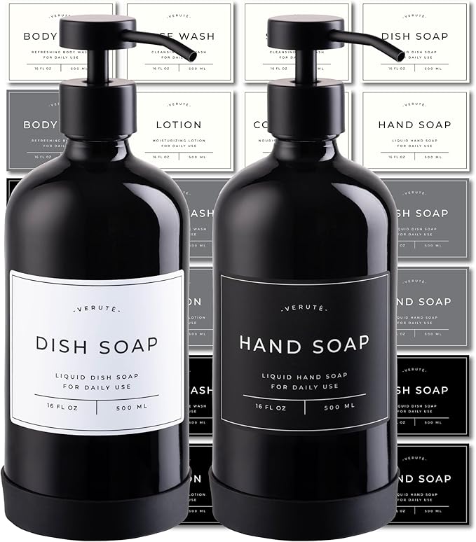 16oz Glass Soap Dispenser with Stainless Steel Pump, 21 Waterproof Labels by Verute