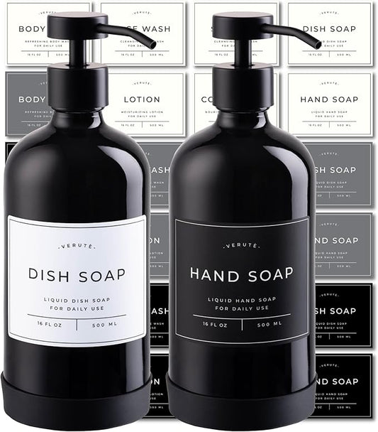 16oz Glass Soap Dispenser with Stainless Steel Pump, 21 Waterproof Labels by Verute