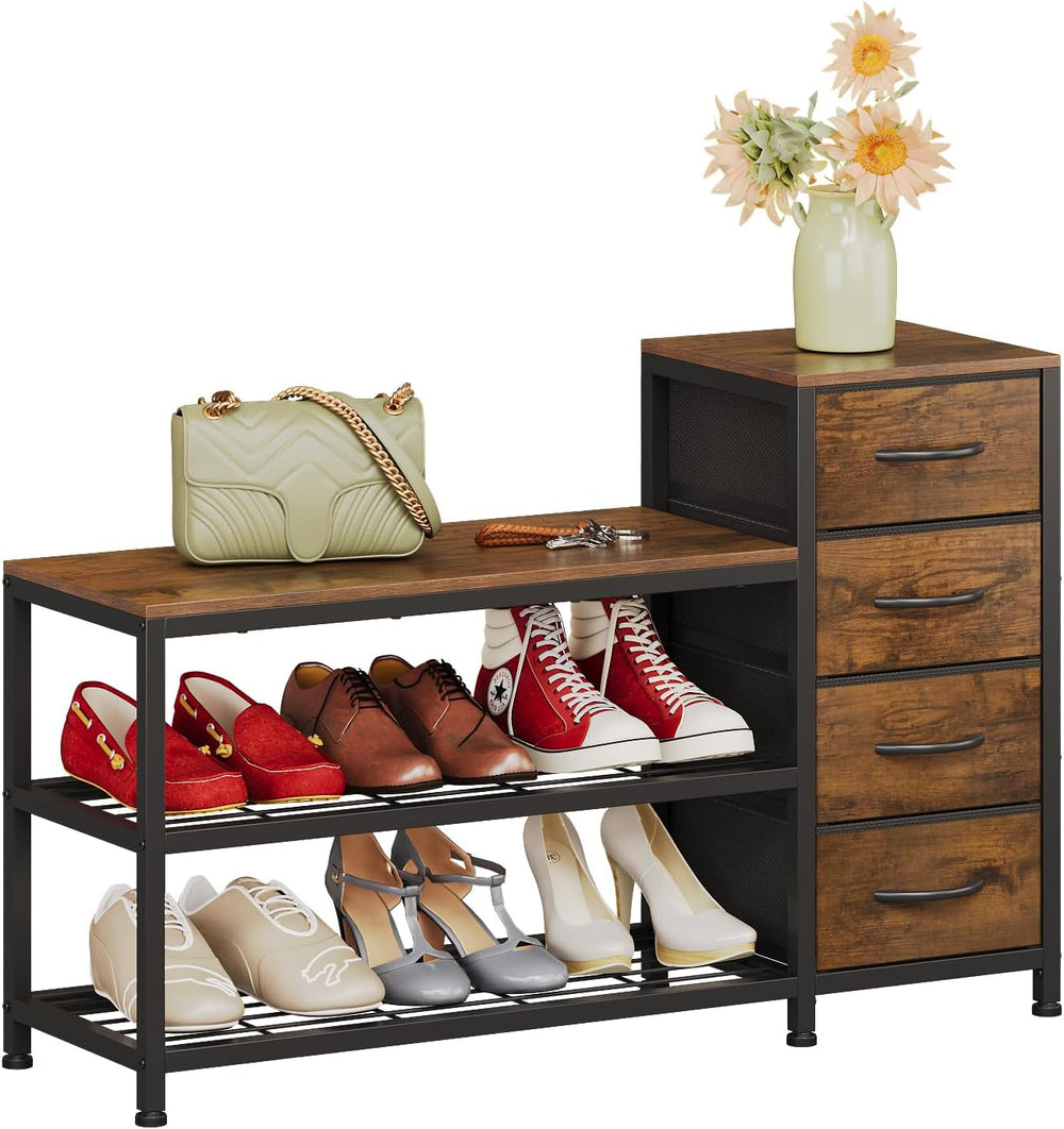 EXOTICA Industrial Shoe Storage Bench with 4 Drawers & Seat, Rustic Brown