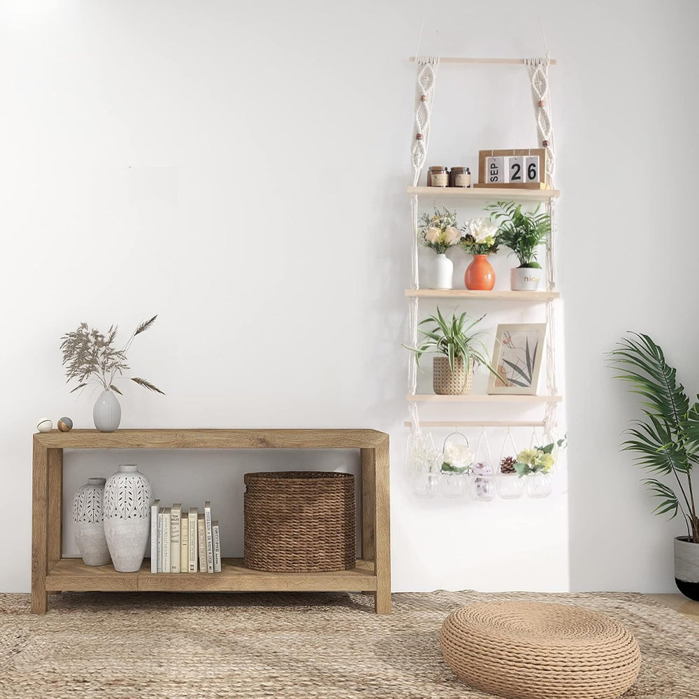 TENEWEE Boho Macrame Hanging Wall Shelf for Plant & Books Display 3-Tier