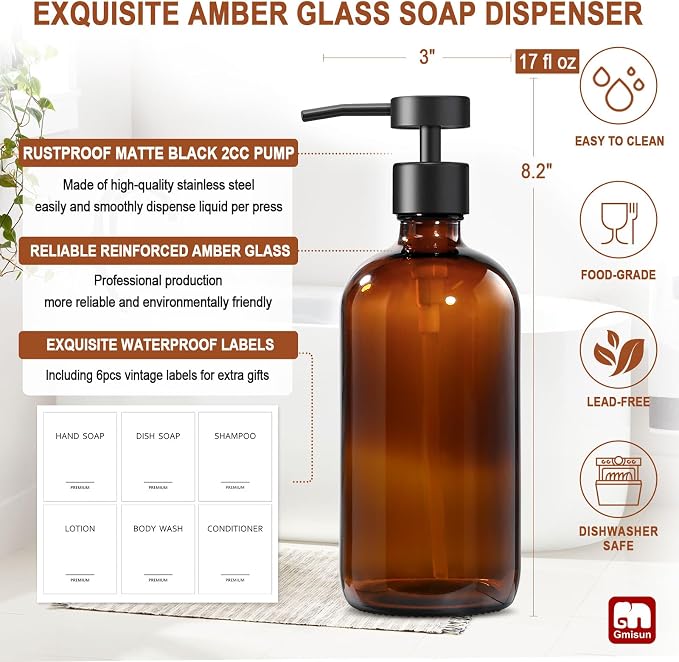 GMISUN Amber Glass Soap Dispenser, 2 Pack Bathroom Hand Soap Dispensers - Image 3