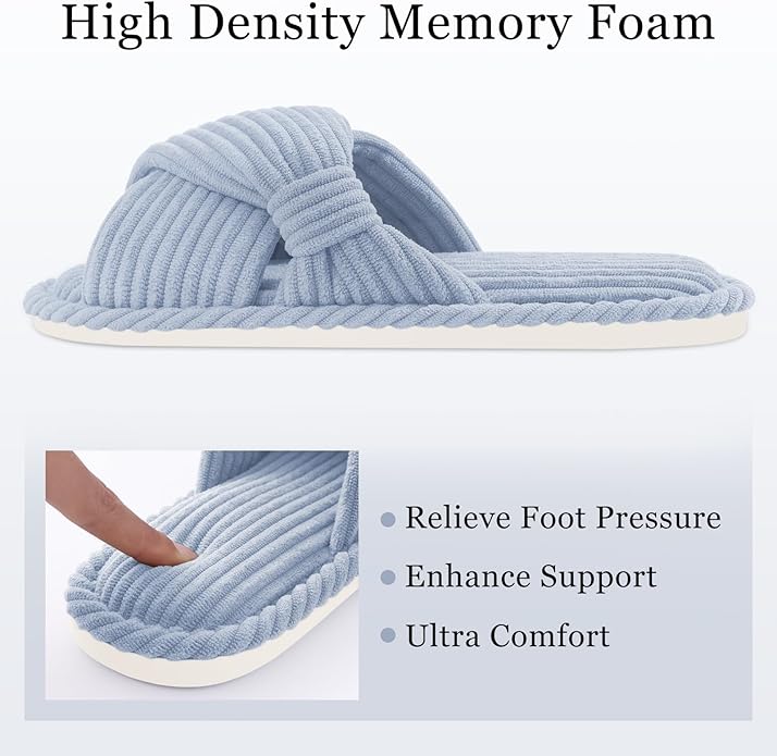 Evshine Summer House Slippers for Women Corduroy Cross Bow Indoor Slippers Open - Image 4