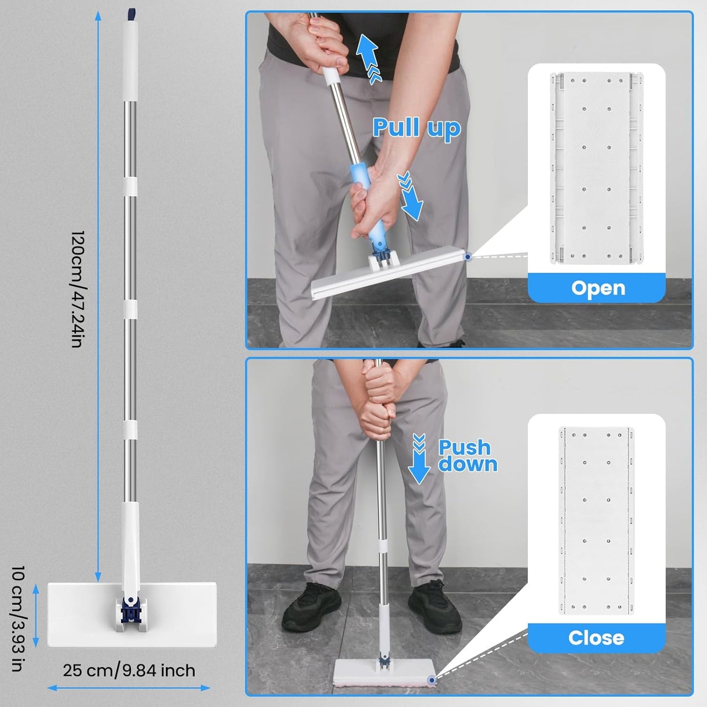 Snap Grip Mini Mop with 6 Washable Pads, Lazy Dry Wet Mops Household Items for Wall Window Ceiling, Dust Mop with 47" Handle, Zero-Touch Flat Floor Mops for Floor Cleaning for Home Kitchen Bathroom