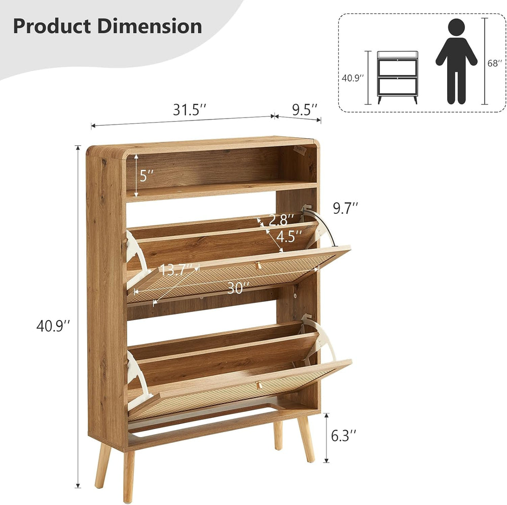 Shoe Storage Cabinet with 2 Flip Drawer Natural Rattan Shoe Cabinet Organizer...