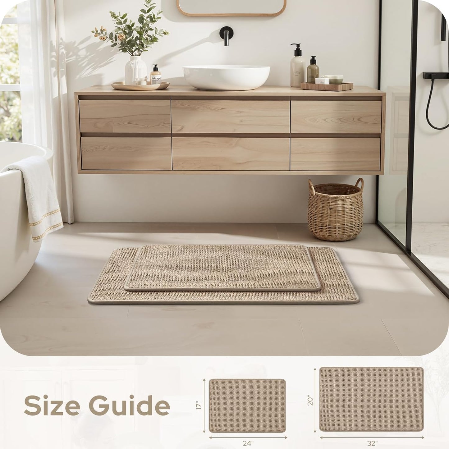 HOMEIDEAS Bathroom Rugs Set 2 Piece, Ultra Thin Non-Slip Bath Mats Rubber Backed, Chenille Absorbent Quick Dry Mats for Shower & Vanity, Low Profile Fits Under Door (Beige, 32"x20"+24"x17")