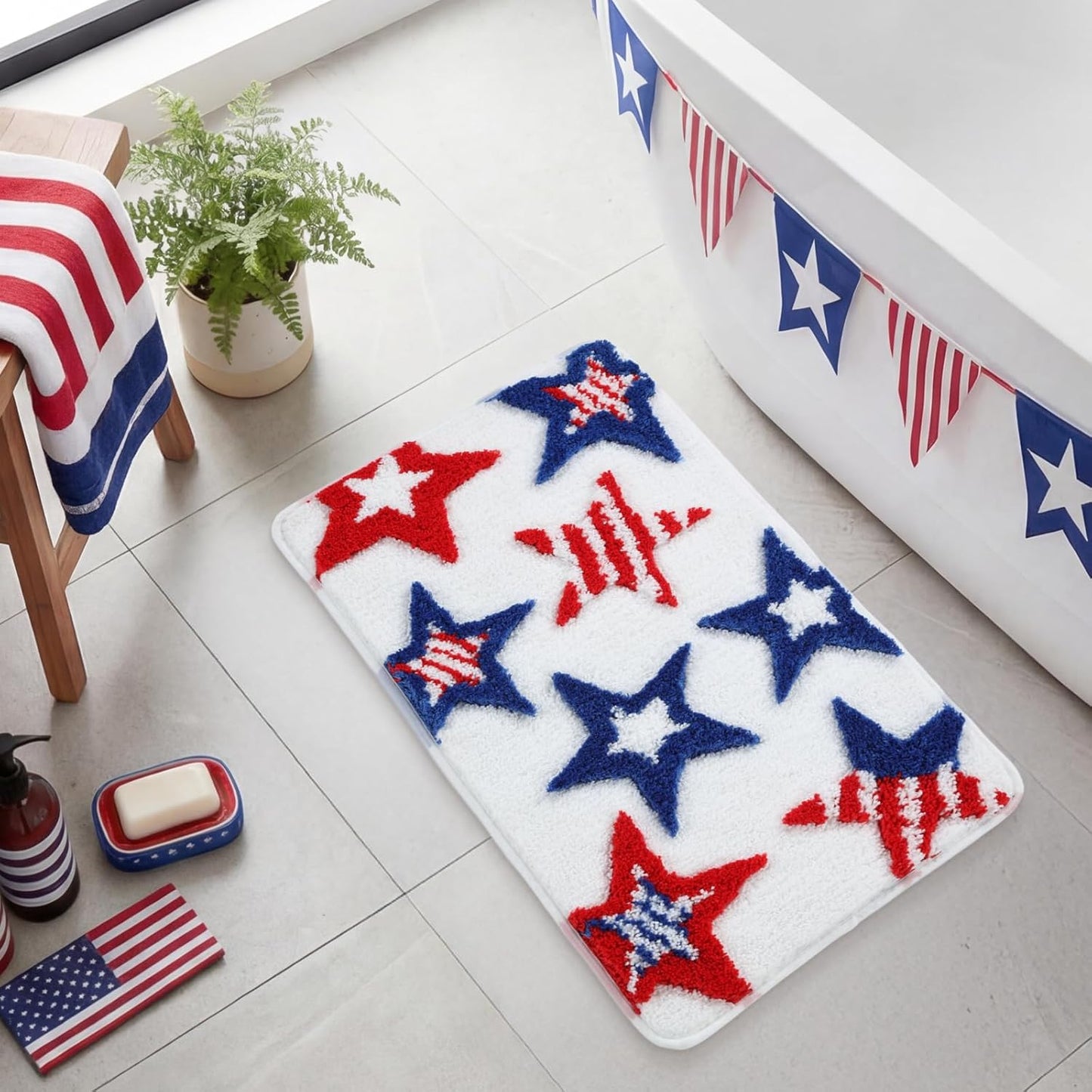 Moutina 3D Red White Blue Stars Bathroom Rugs 17x29 Inch, Soft and Absorbent Tufted 4th of July Rug Non Slip Washable, Patriotic Bathroom Decor Bath Mat Holiday Decorations