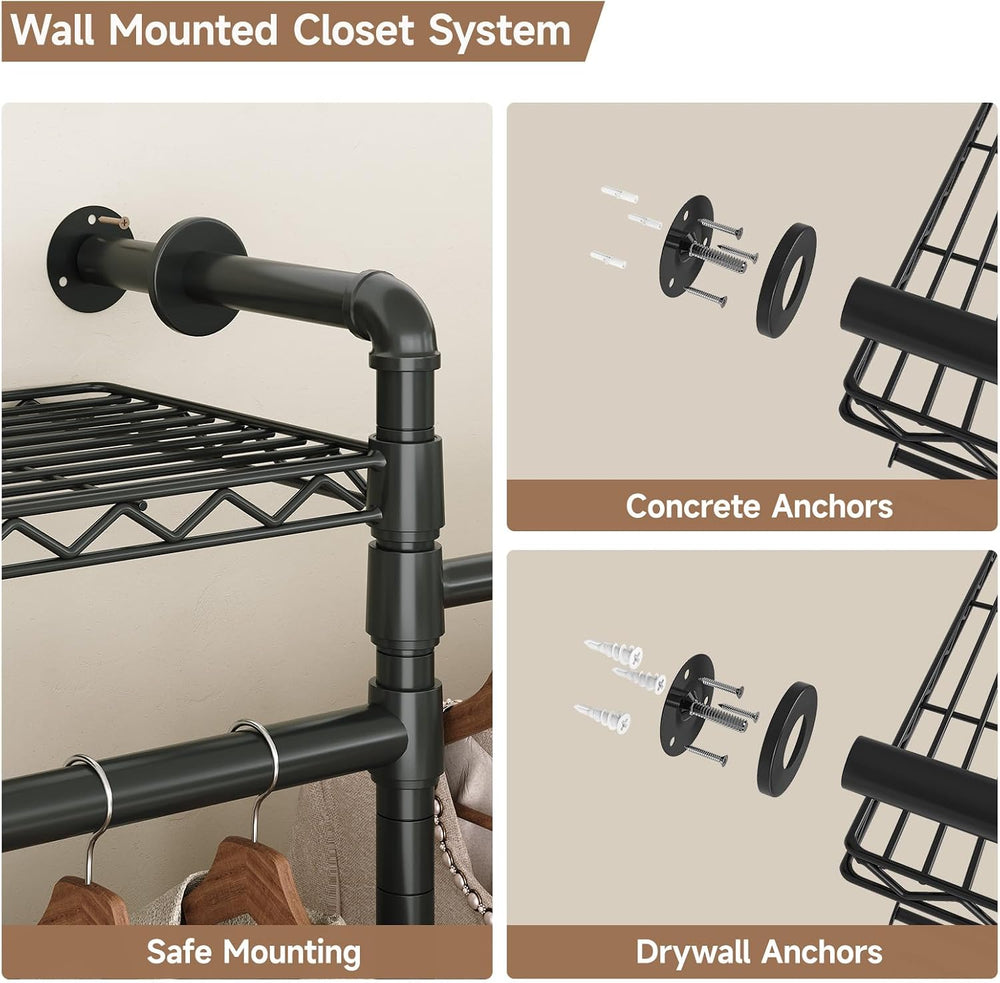 ComfyCorner Wall Mounted Garment Rack, Industrial Pipe Clothing Rack Black