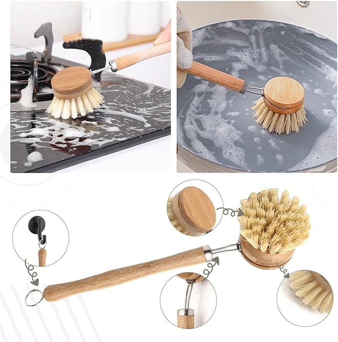 Haploon 7 Piece Wooden Dish Brush Natural, Bamboo Brush Kitchen Set Dish - Image 4