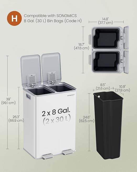 SONGMICS Trash Can, 2 x 8 Gallon Dual-Compartment Garbage Can - Image 6