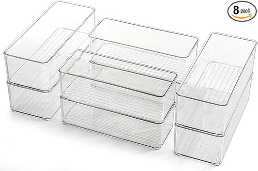 Hudgan 8 Pack Clear Plastic Drawer Organizers Set, Stackable Deep Drawer by HUDGAN