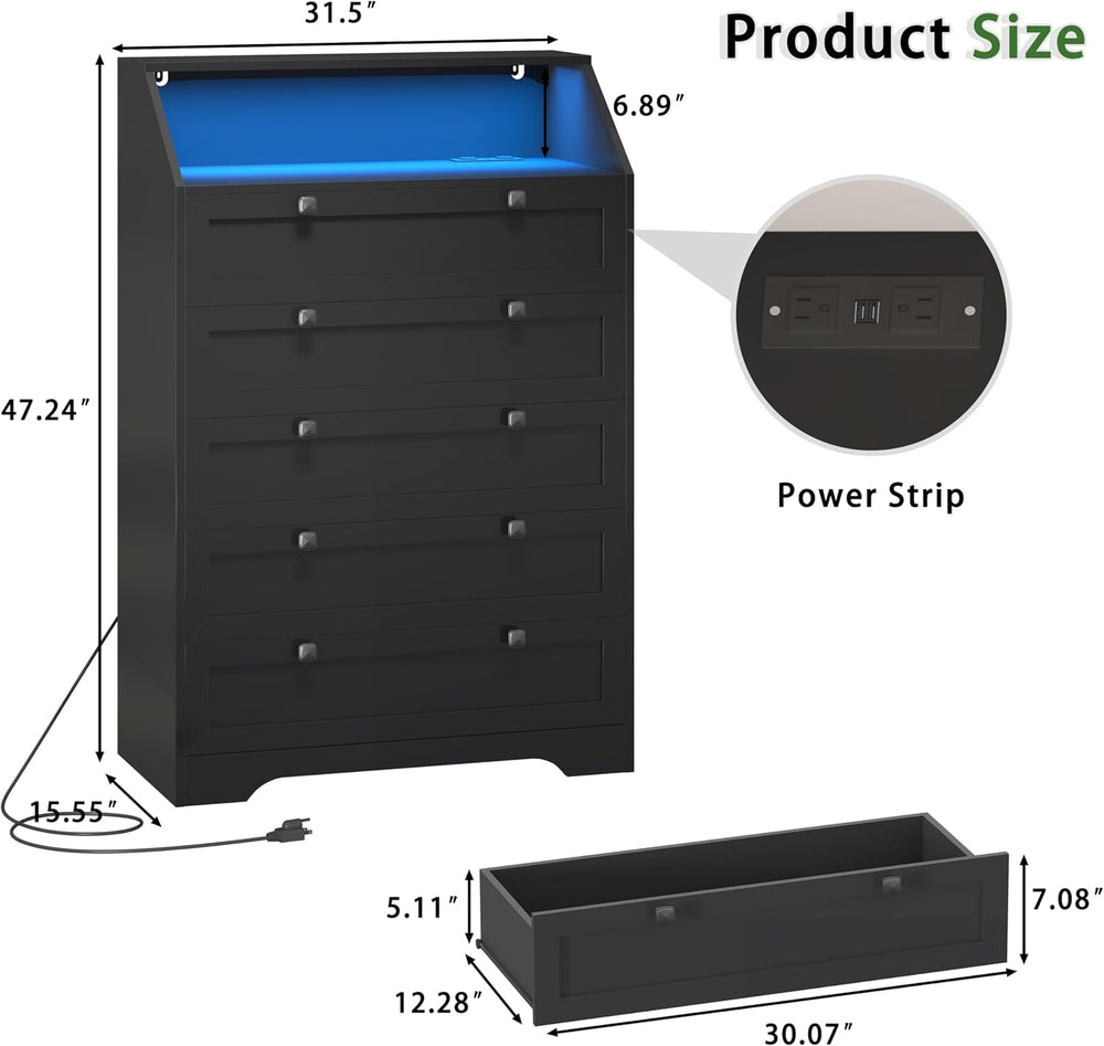 Black Dresser Tall 5 Drawer Dresser for Bedroom, Wood Chest of Drawers with L...