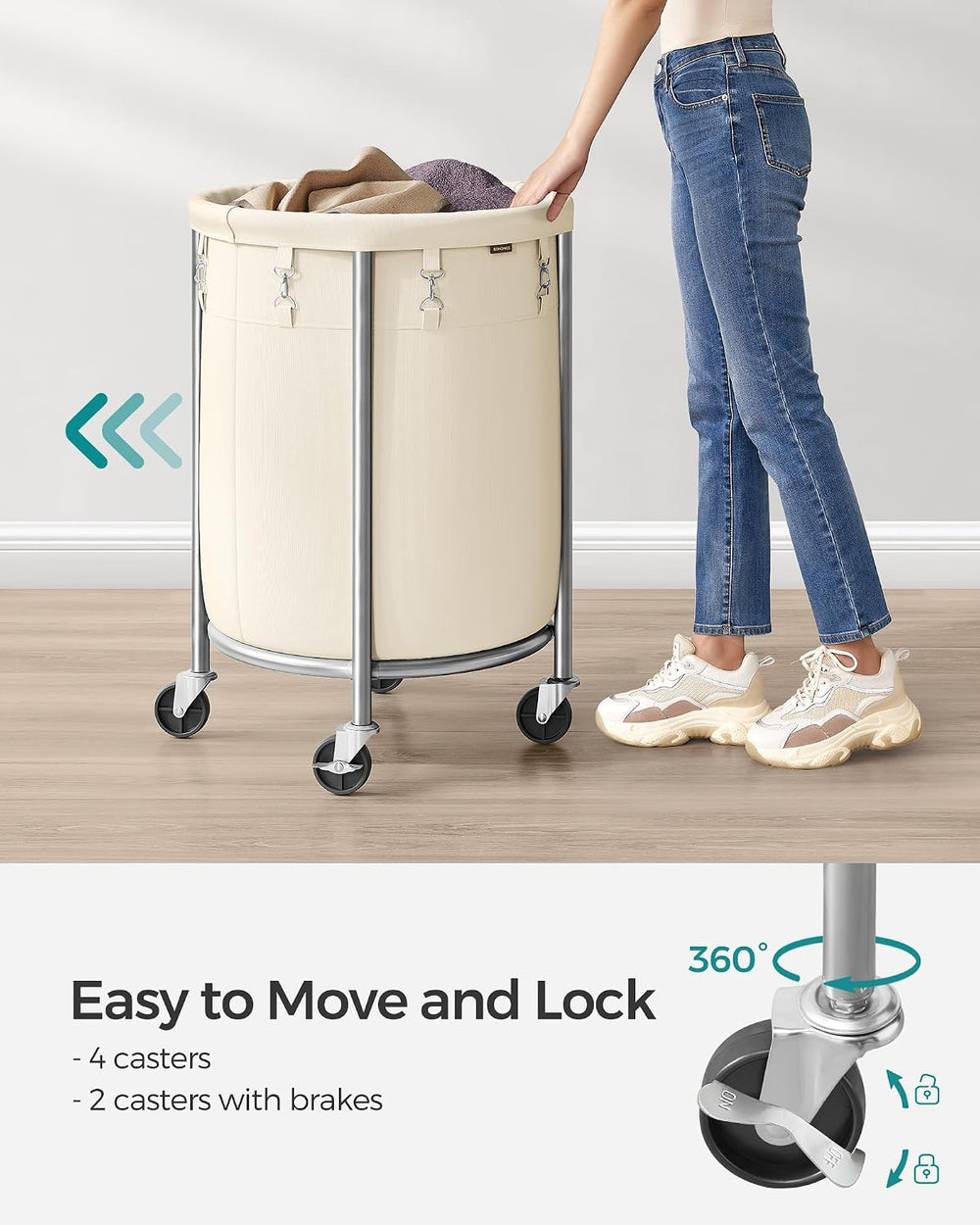 SONGMICS Laundry Basket with Wheels, 29 Gal., Steel Frame, Removable Bag