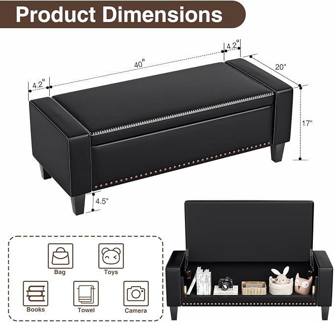 48.8" Storage Ottoman Bench Black | Faux Leather Bedroom Bench - Image 2