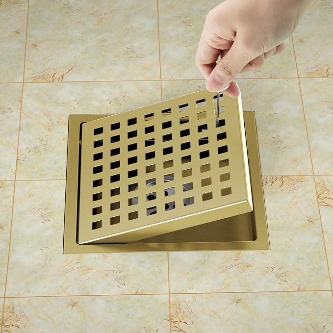 Shower Drain Brushed Gold 6 Inch, Square Floor Drain, Stainless Steel Drain Kit - Image 4