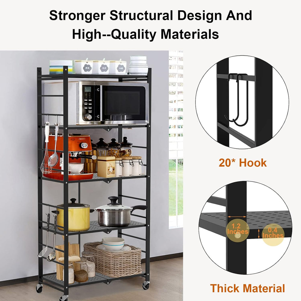 Himix 5-Tier Foldable Storage Shelves with 20 Hooks Wheels Kitchen Black