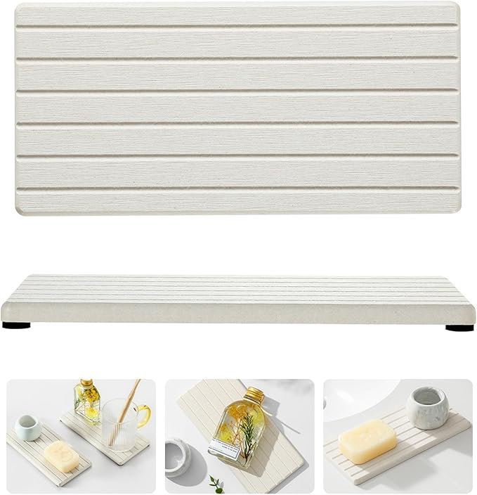 2 Pack Greige Bathroom Sink Vanity Trays, Diatomite Stone Kitchen Counter Caddy by Razborci