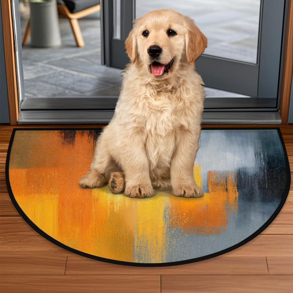 Yellow Grey Half Round Doormat Semi Circle Rug Half Moon Rug Entryway Mat | Yellow Grey Washable Non Slip Outdoor Floor Rug Kitchen Mat for Indoor Outdoor Bathroom Fireplace Bath Decor