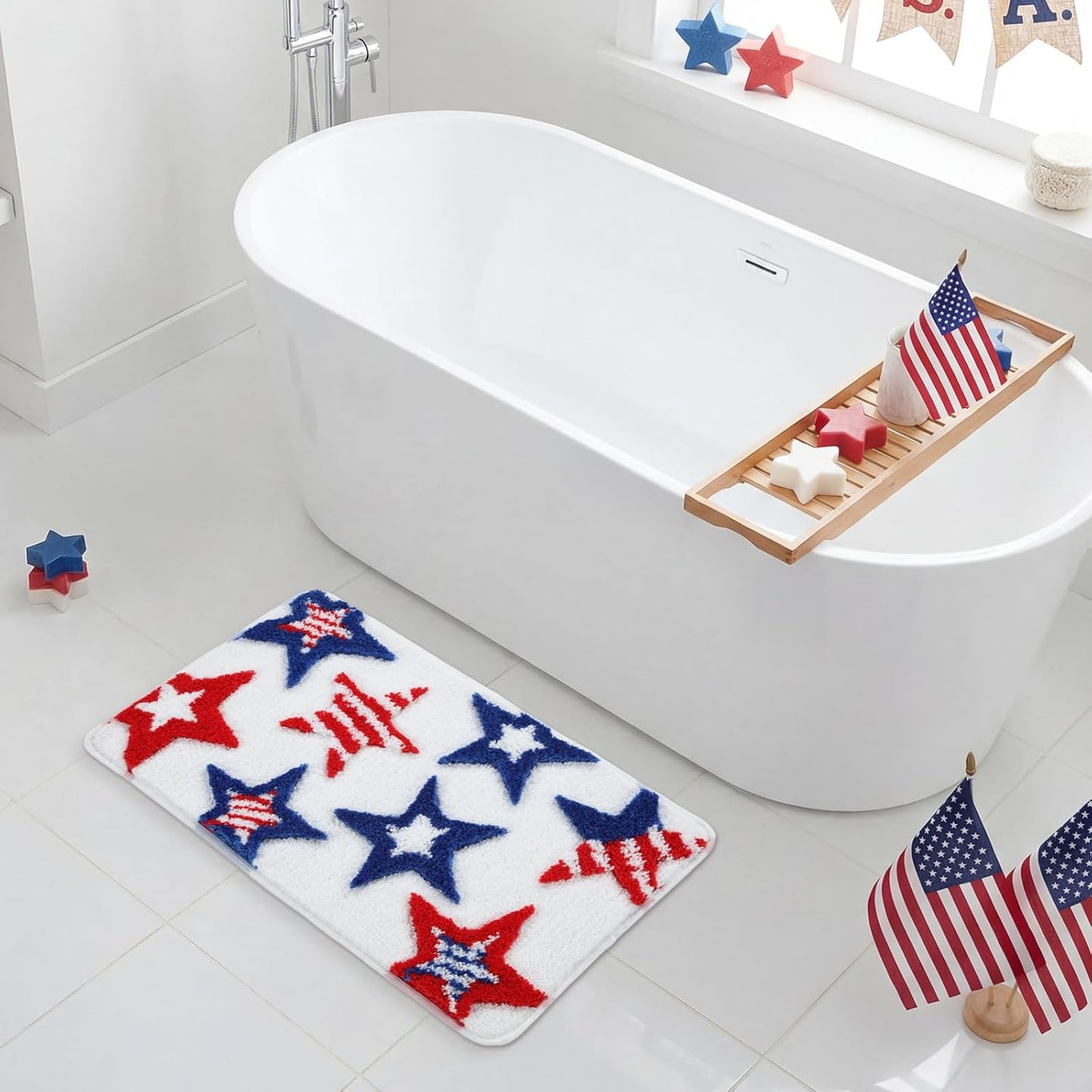 Moutina 3D Red White Blue Stars Bathroom Rugs 17x29 Inch, Soft and Absorbent Tufted 4th of July Rug Non Slip Washable, Patriotic Bathroom Decor Bath Mat Holiday Decorations