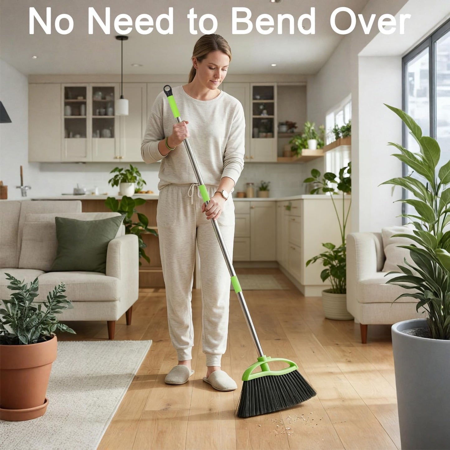 Soft Bristles Green Angle Broom with Long Handle Indoor Sweeping Broom for Home Kitchen Hardwood Floor Cleaning