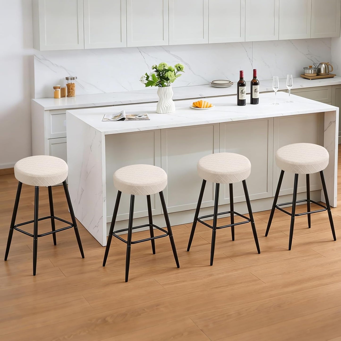 YISUN Stool Covers Round - 4 Pack Waterproof Stretch Seat Slipcover 16-18 Inch Counter Bar Stools, Washable Seat Cushion Slipcover Protector for Kitchen Island Home Bar - Beige