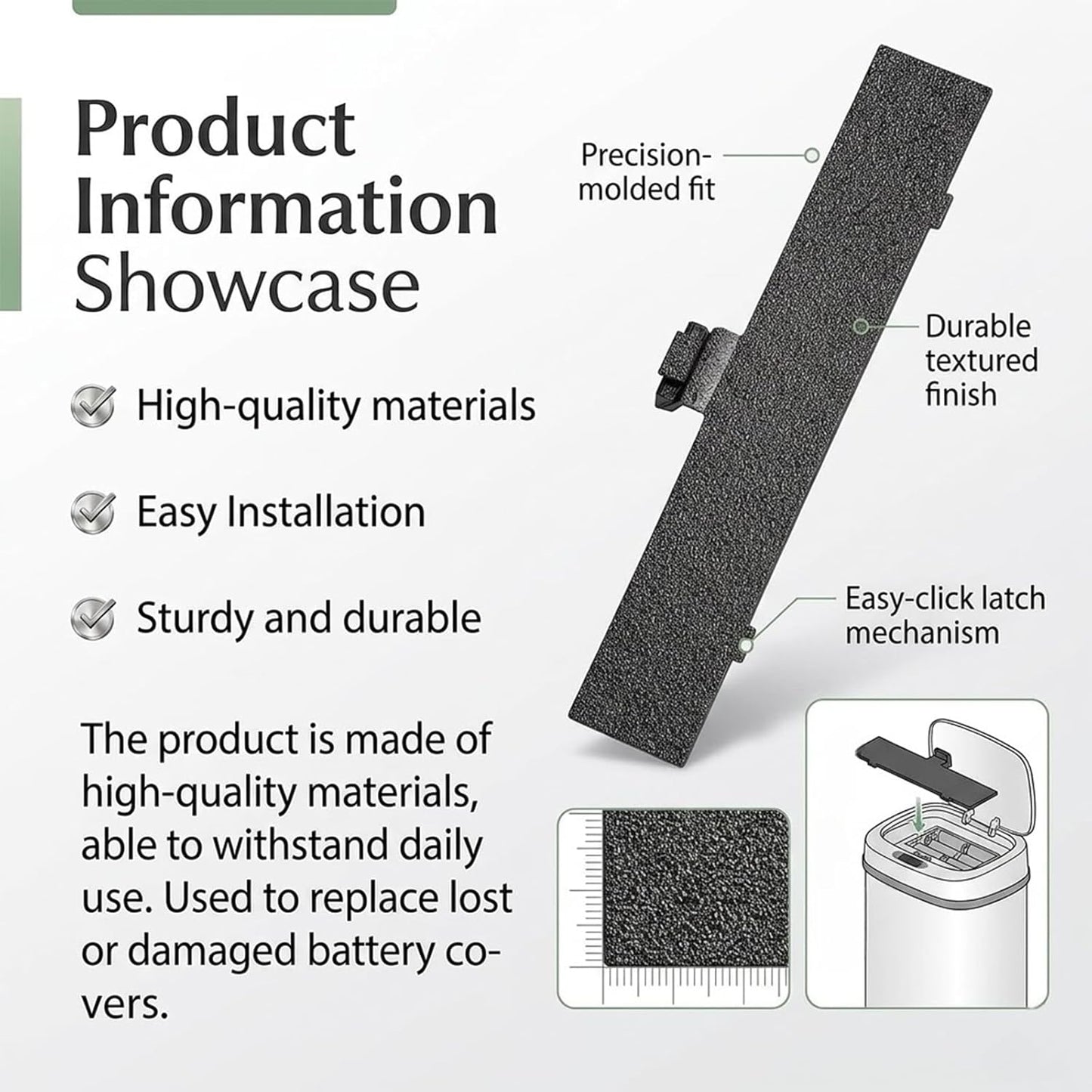 Battery Door Replacement Compatible with Ninestars Touchless Sensor Trash Can, Battery Compartment Cover for 50L 13.2 Gallon Automatic Waste Bin, Easy Snap-On Installation