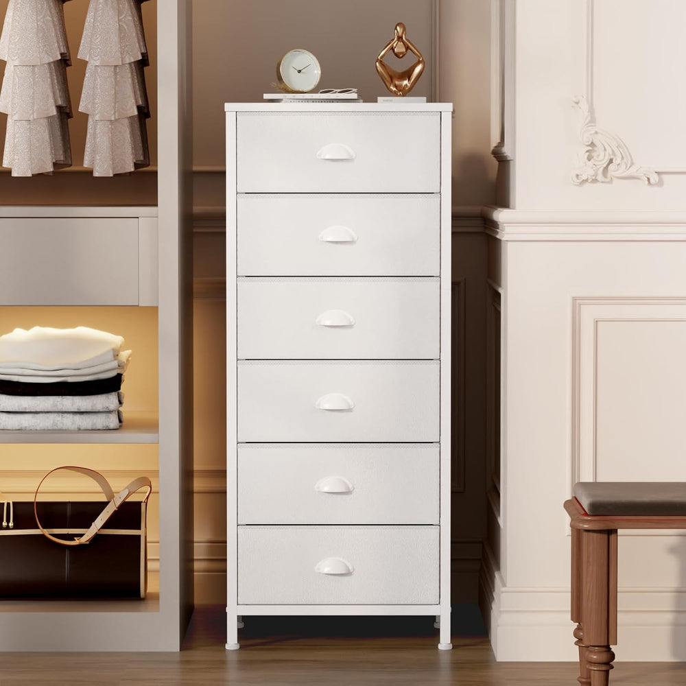 Furnulem White Dresser for Bedroom, 6 Fabric Drawers Chest of Drawers