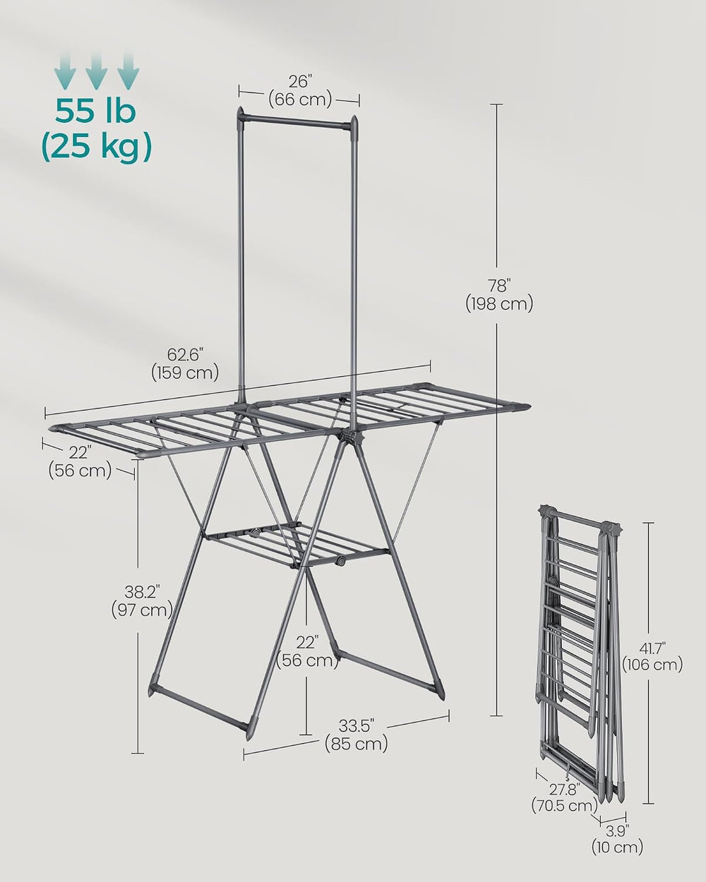 SONGMICS HOME Clothes Drying Rack, Foldable 2-Level Free-Standing Airer