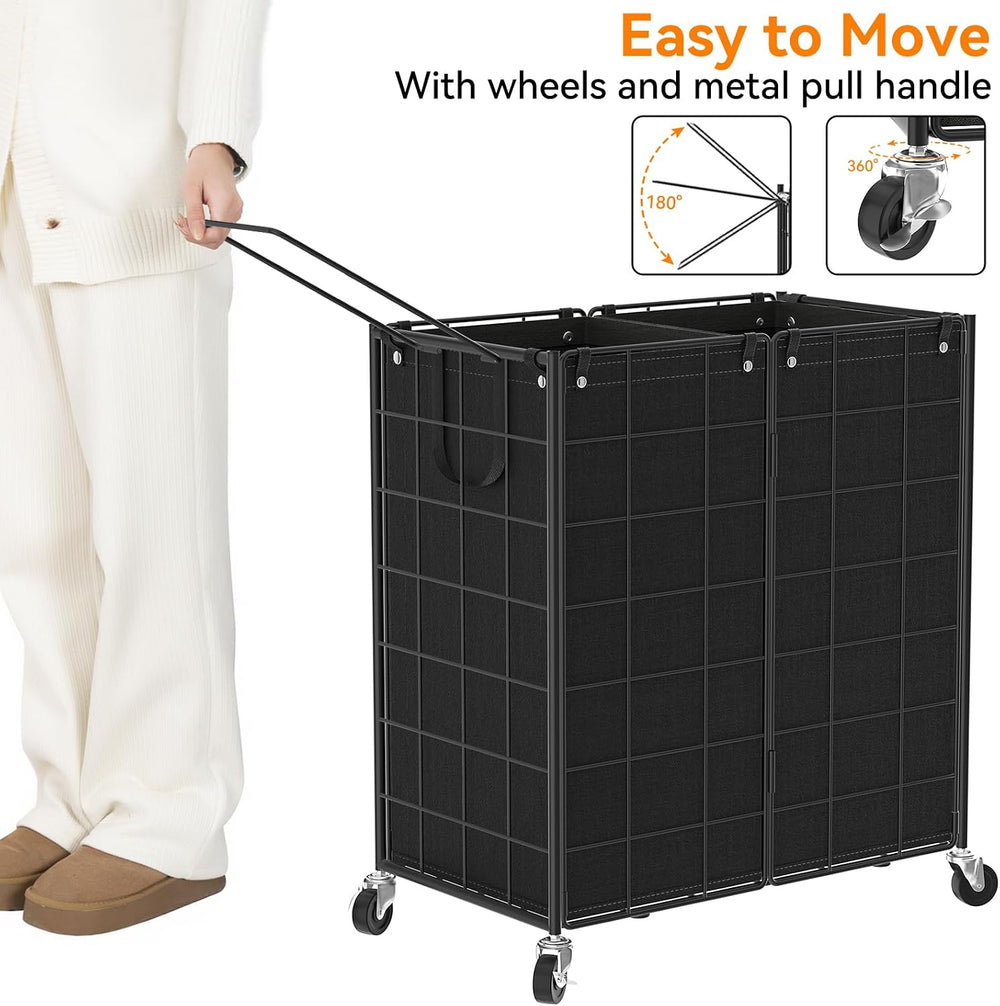 WOWLIVE Double Laundry Hamper with Wheels, Metal Rolling Laundry Basket