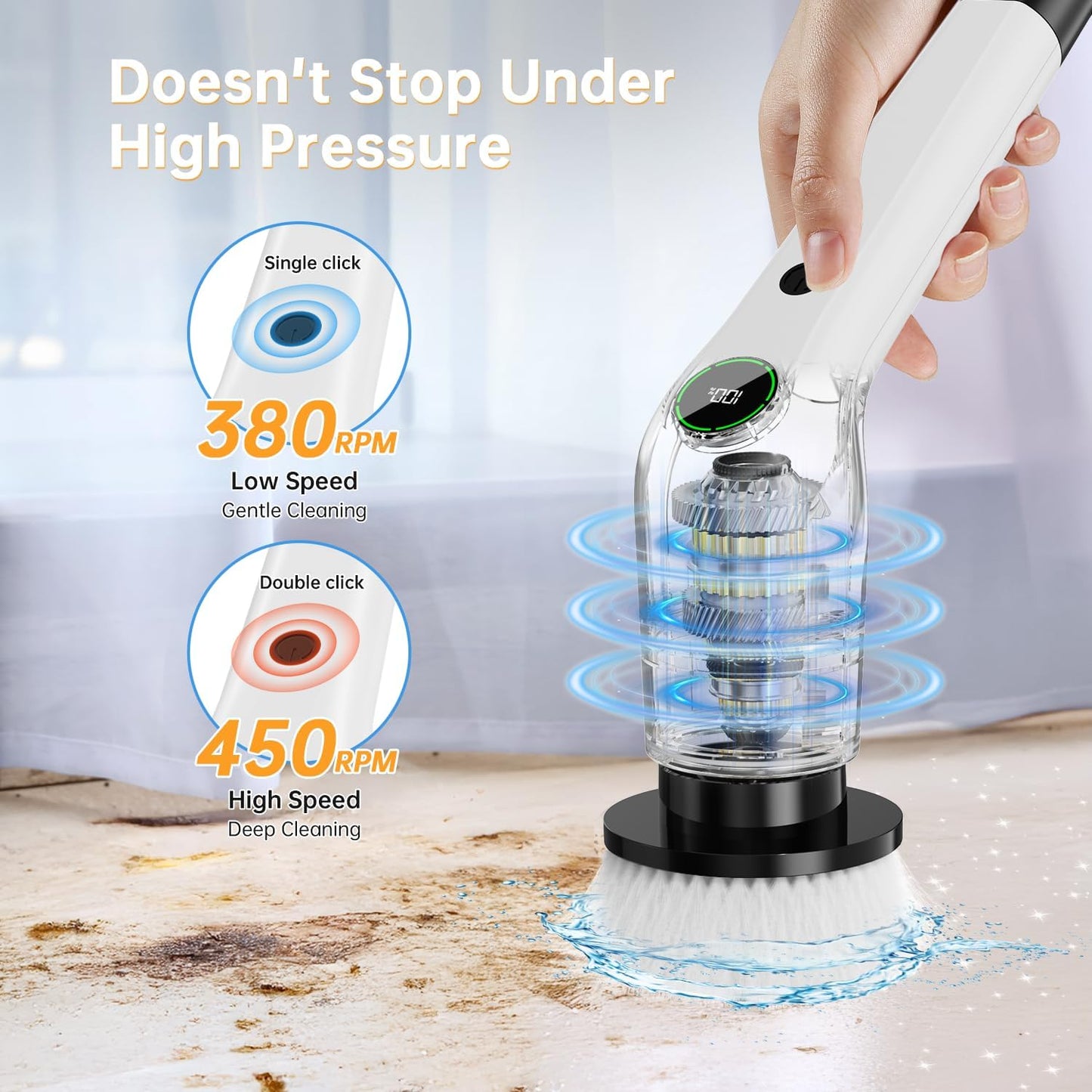 PUFTEM Electric Spin Scrubber, Cordless Shower Scrubber with 8 Scrub Brush, 2 Speed with Adjustable Extension Handle, Battery Level Display, Power Scrubber for Bathroom Bathtub Tile Floor (Black)