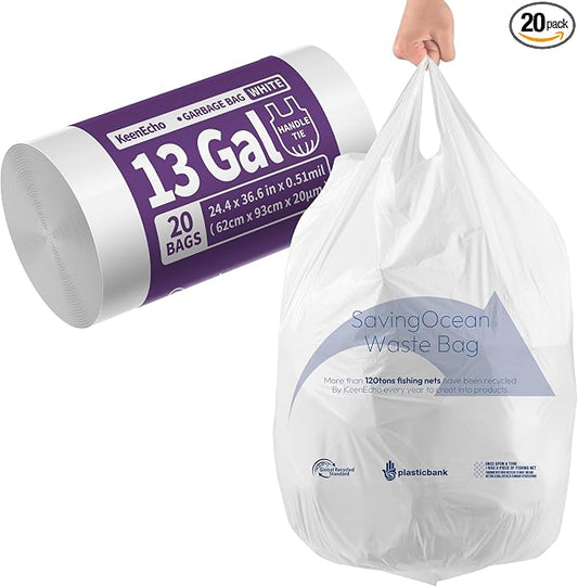 Small Trash Bags with Handles 13 Gallon 20 Count White by KeenEcho