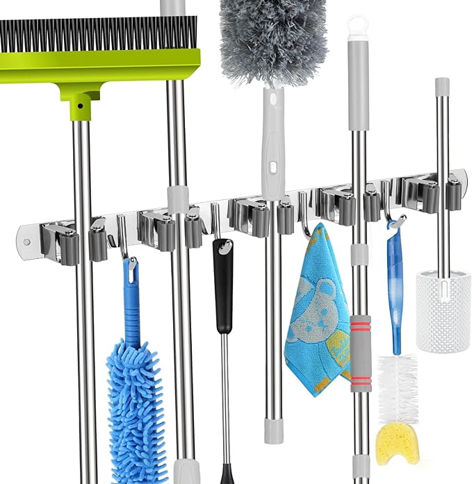 voze 5 Racks and 4 Hooks Mop and Broom Holder Wall Mount, Self Adhesive Heavy - Image 2