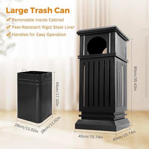 BEAMNOVA Trash Can Outdoor Top Tray Black Stainless Steel Commercial Garbage - Image 3