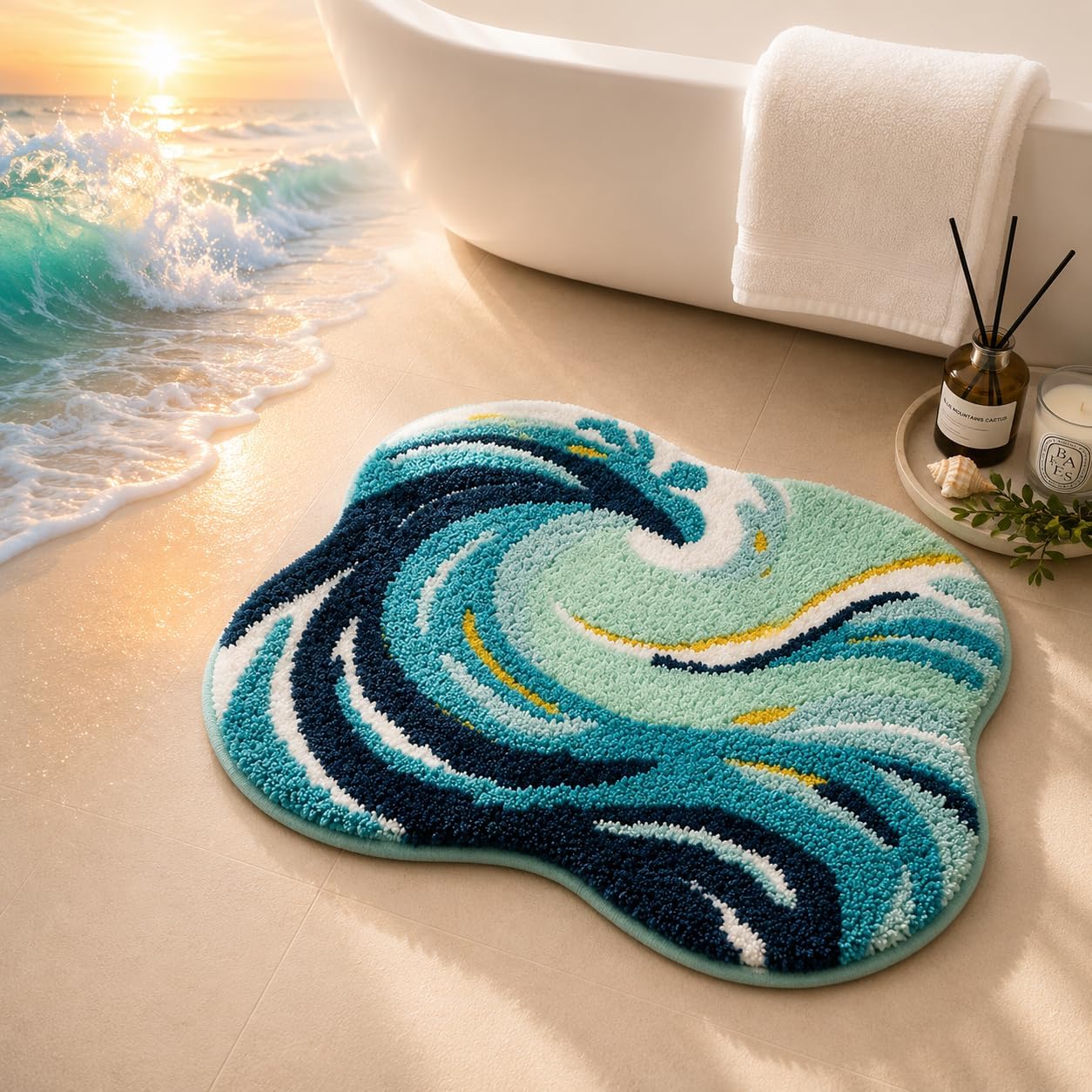 Percozzi Ocean Wave Bath Rug 32 x 20 Inch, Coastal Tufted Bathroom Mat with Non-Slip TPR Backing, Soft Plush Absorbent Machine Washable Bath Rug, Beach House Ocean Decor Rug for Bathroom Bedroom