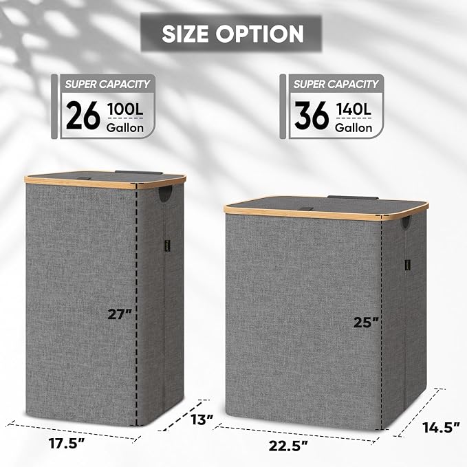 BALEINE Laundry Hamper with Lid, Tall Laundry Baskets with Bamboo Pull Handles - Image 4
