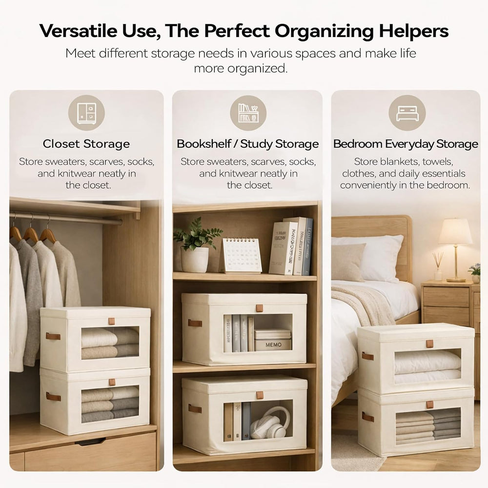 4-Pack Collapsible Stackable Storage Bins with Lids, Beige