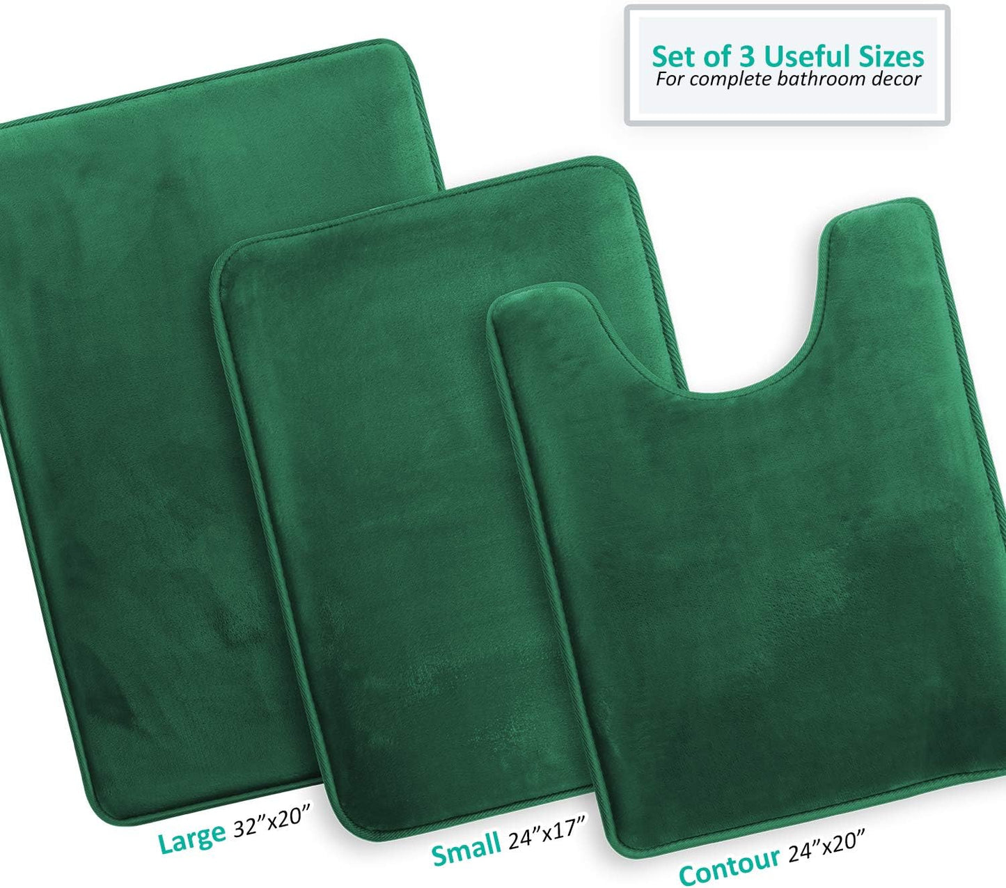 Clara Clark 3 Piece Bathroom Rugs Bath Mat Set, Velvet Memory Foam Bath Mats for Bathroom - Non-Slip, PVC Backing Bath Rugs, Washable - Dries Quickly, Green
