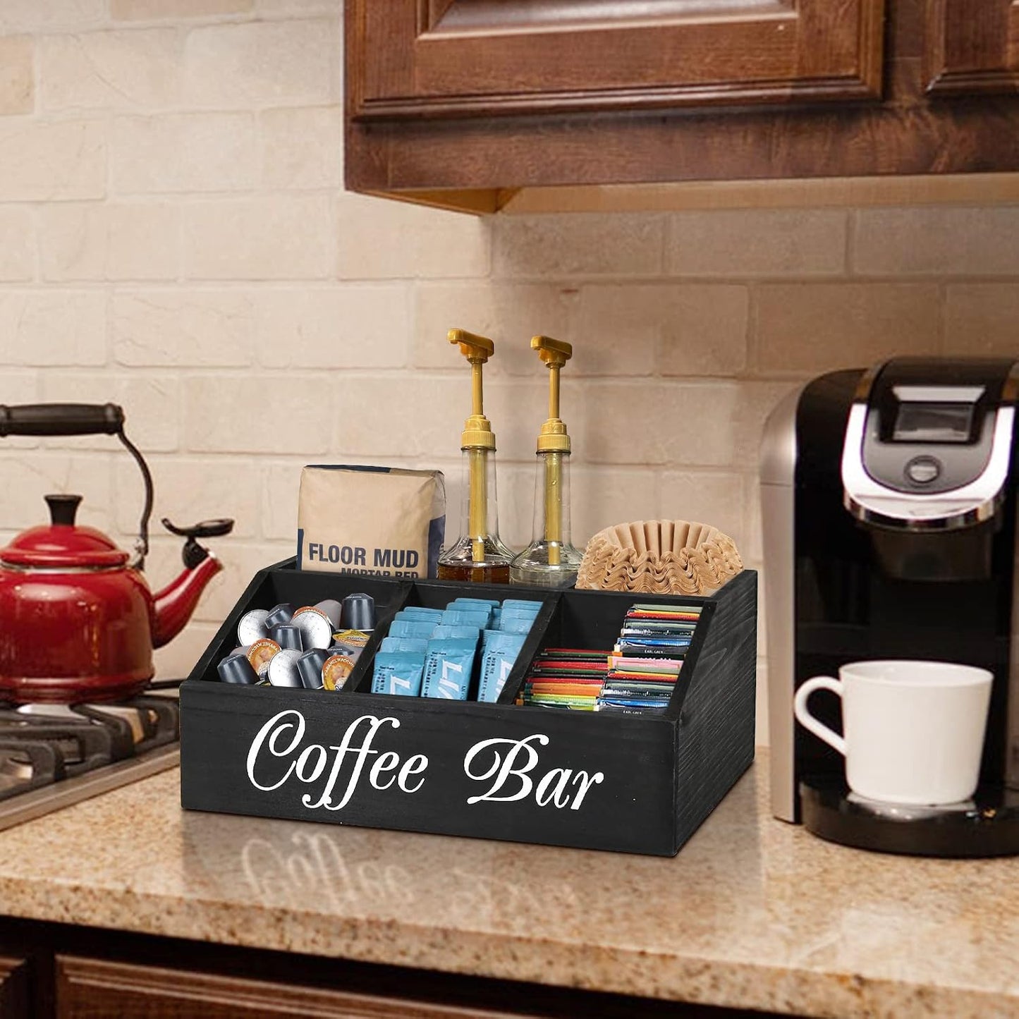 ugiftt Coffee Station Organizer for Counter, Wood Coffee Pods Holder Storage Basket, Tea Condiment Storage Organizer, Rustic Coffee Bar Decor for Coffee Accessories Organizer