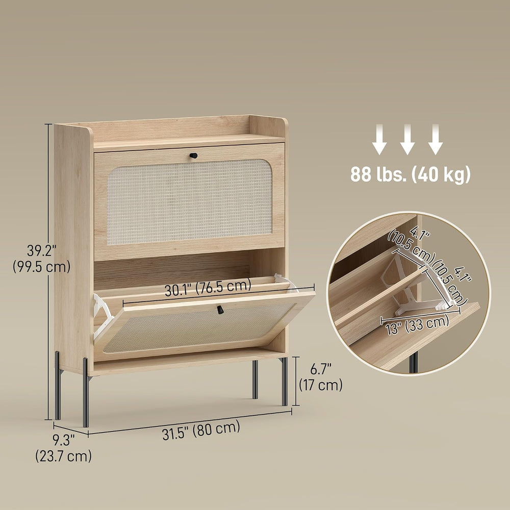 HOMCOM Shoe Cabinet with 2 Flip Drawers and Rattan Doors for Hallway, Oak