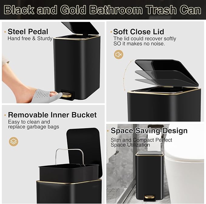 Small Bathroom Trash Can with Lid Soft Close, 1.8 Gallon Stainless Steel - Image 2