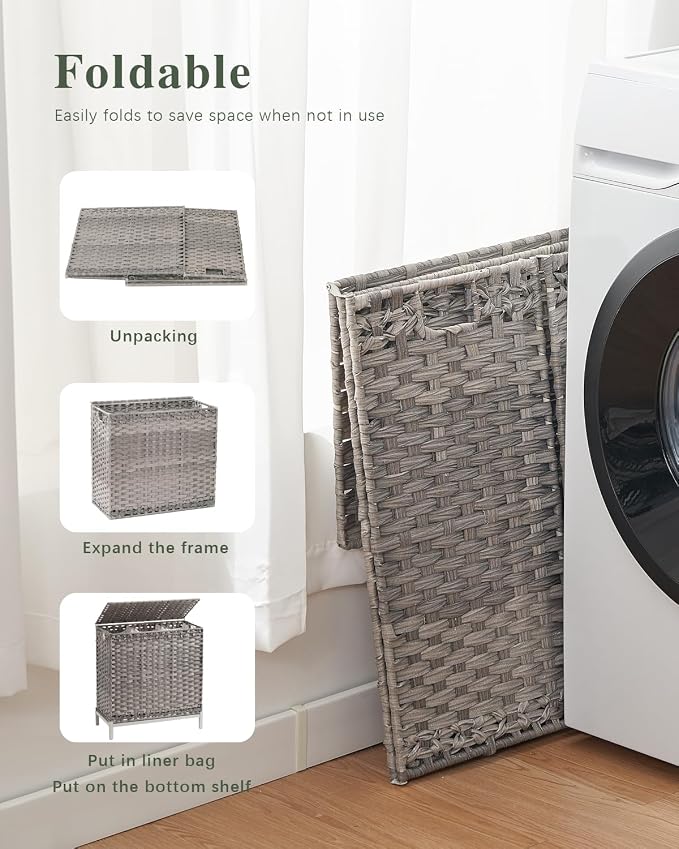 Laundry Hamper with Lid 132 L, Clothes Hamper with Lid, Handwoven Rattan - Image 7