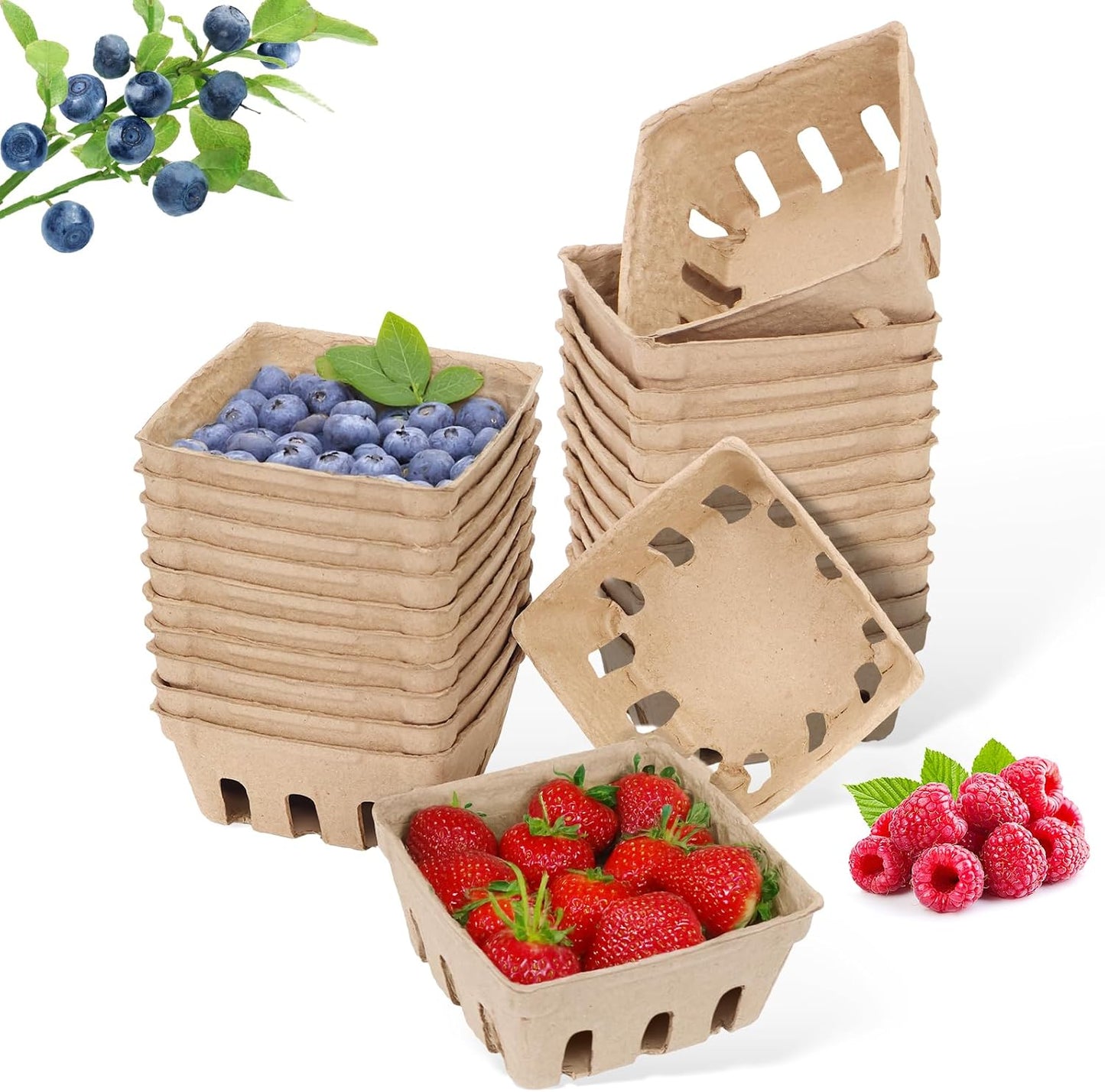 50 Pack Mini Natural Pulp Fiber Berry Basket | Small Basket Containers for Farmers Market Produce,Fruit Stand Supplies,Vegetables,Strawberry,Blueberry,Raspberry,Egg