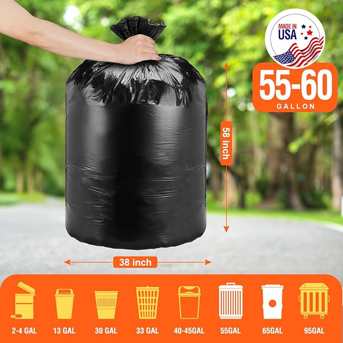 Delxo 55-60 Gallon Black Trash Bags, Durable & Puncture-Resistant Plastic - Image 2