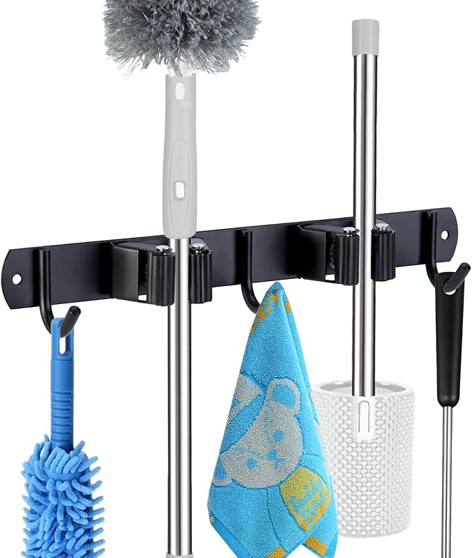 voze 2 Racks and 3 Hooks Mop and Broom Holder Wall Mount, Self Adhesive Heavy by voze