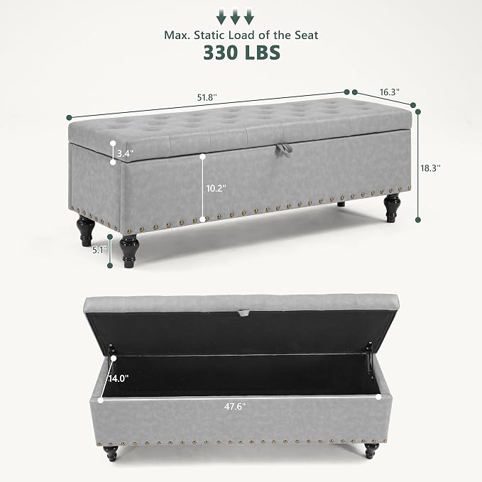 50" Storage Ottoman Bench, Tufted Ottoman - Image 2