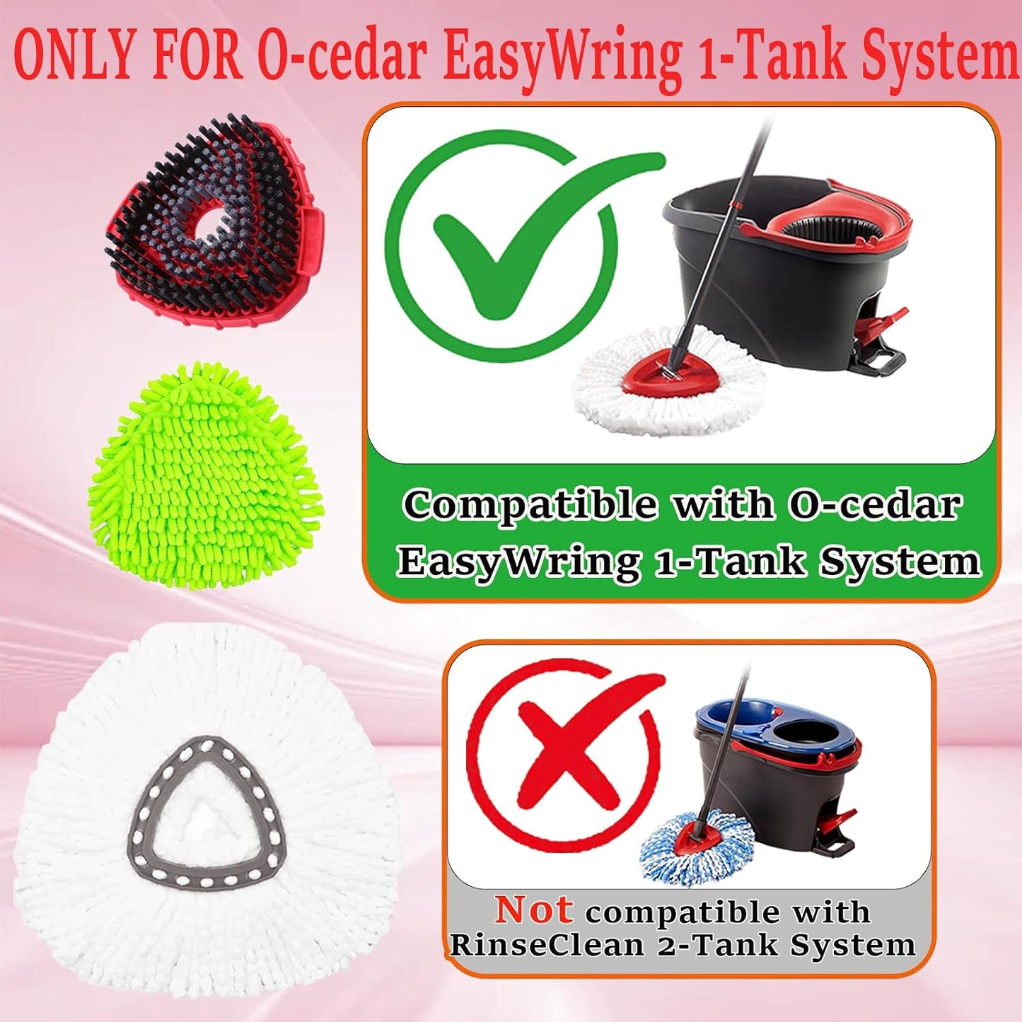 Spin Mop Heads Replacement for Ocedar, Upgrade Scrub Brush Replace Heads for o Cedar Easywring 1 Tank, Include 3 Pack Spin Mop Refills, 1 Pack Scrubber Mop Head and 1 Mop Base