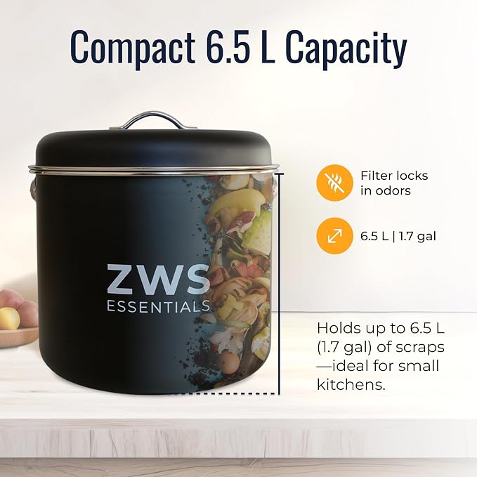 Black Stainless Steel Compost Bin | 6.5L Odor-Free Kitchen Countertop Food - Image 6