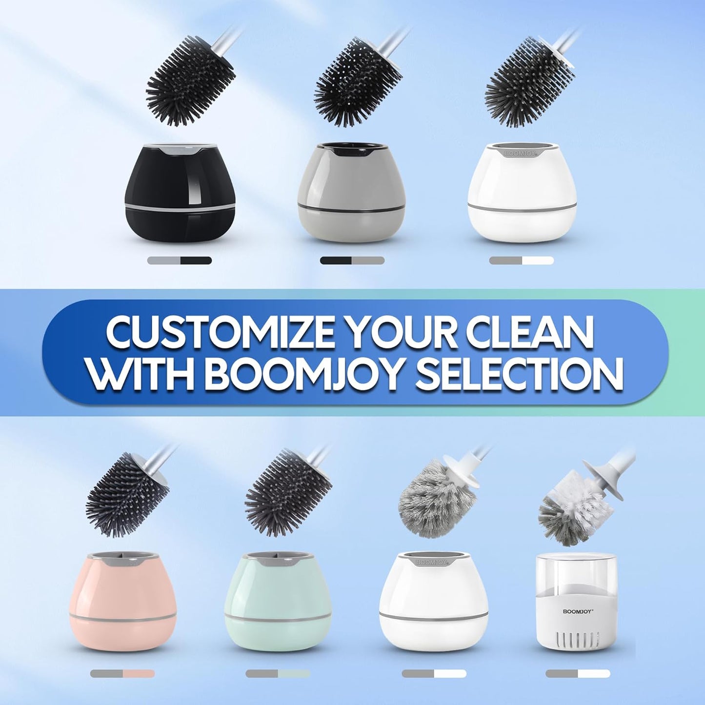 BOOMJOY Toilet Brush and Holder Set, Silicone Toilet Bowl Cleaner Brush, Bathroom Cleaning Bowl Kit with Tweezers, Bathroom Accessories with Aluminum Handle - White