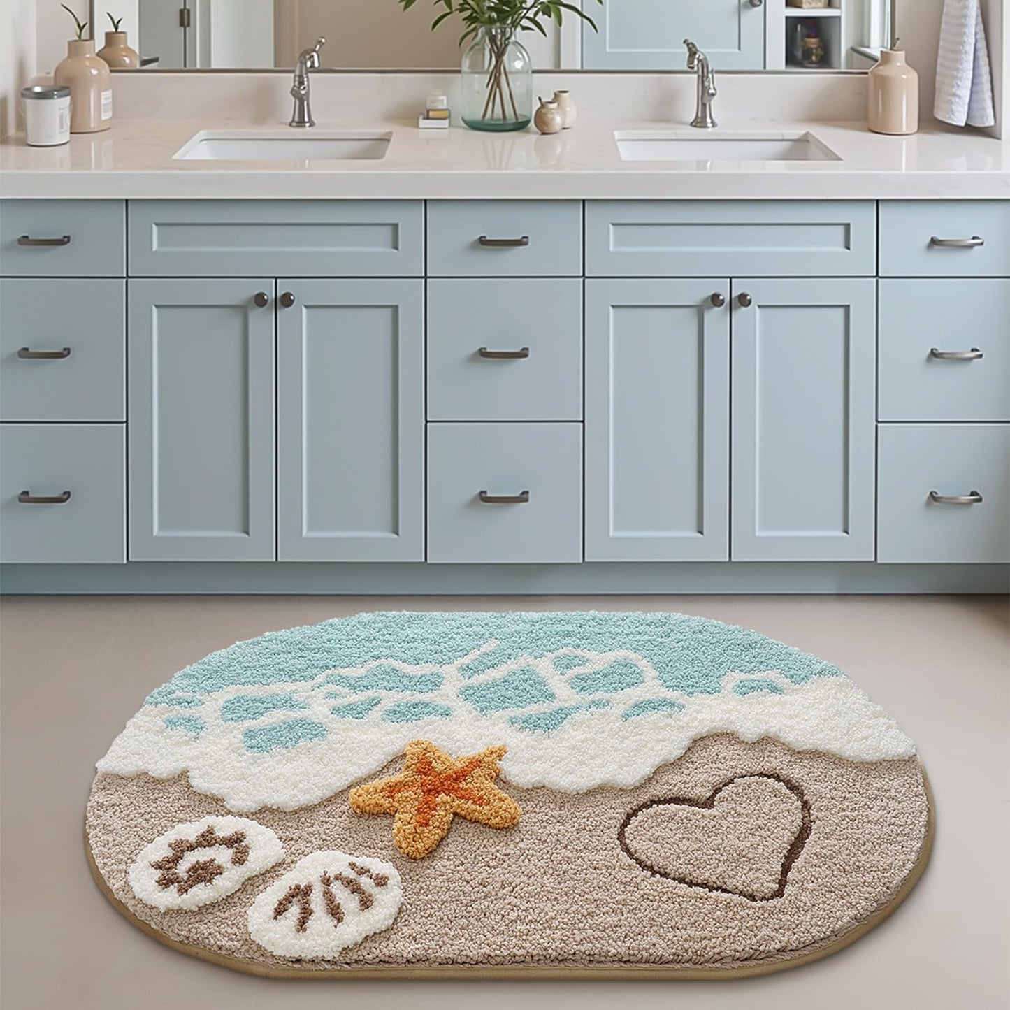 LUMI Soft and Absorbent Beach Bathroom Rug, Non-Slip Backing, Ideal for Bathroom, Kitchen and Entryway Decor, Sea Beach Starfish Shell Bath Decor, Blue, 22"x34"