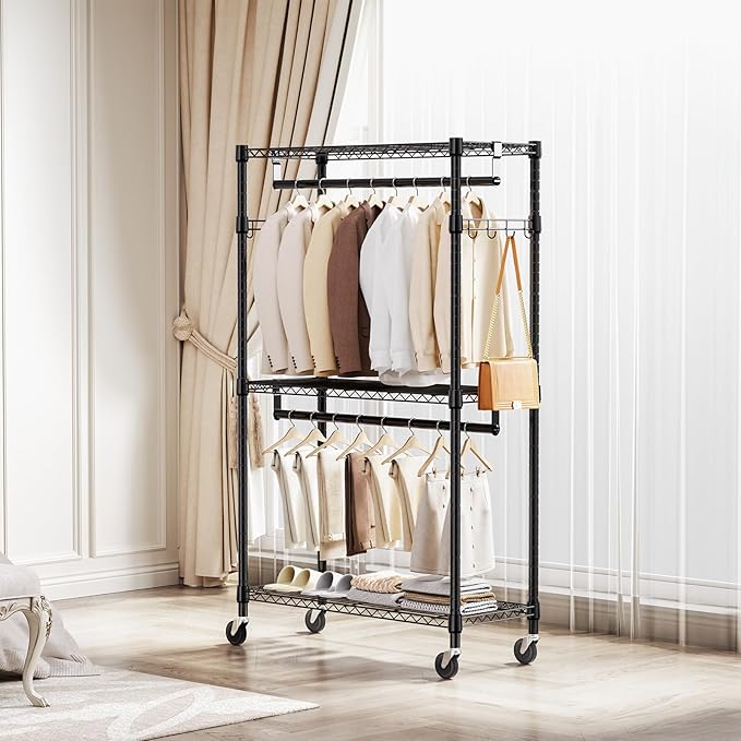 Heavy Duty Rolling Garment Rack 3 Tiers Adjustable Wire Shelving Clothes Rack - Image 2
