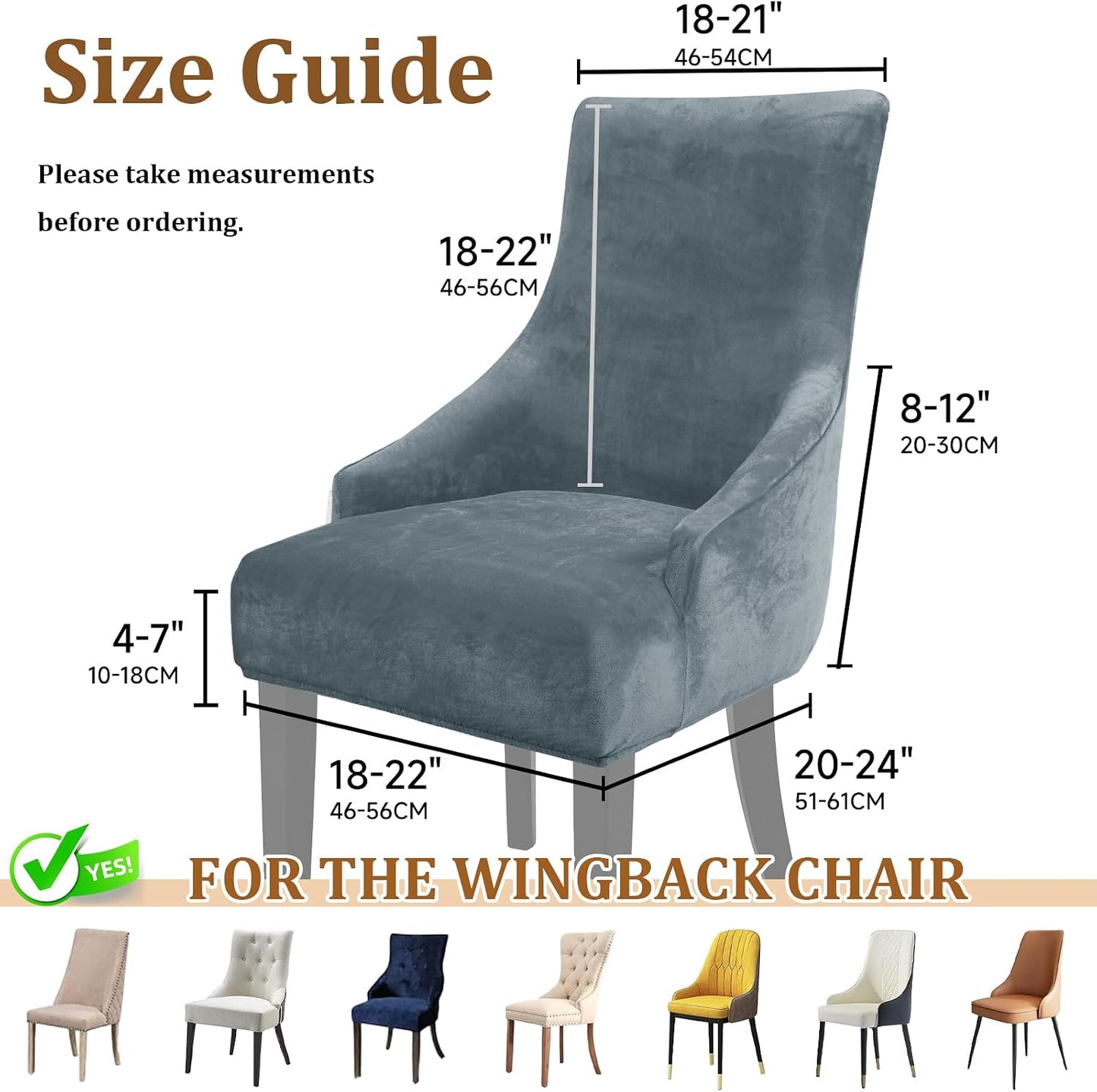 Stretch Velvet Wingback Dining Chair Covers Elegant Soft Wingback Dining Chair Slipcover Washable Wing Back Chairs Slipcovers Wing Chairs Protect Covers for Living Room (Light Grey, 2PCS)